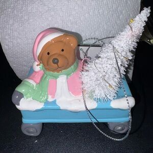 Vintage  ornament Festive Bear in wagon with  lighted Tree - Pink, Blue, White